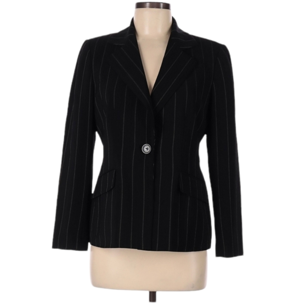 Le Suit Blazer Size 6P Petite Black Pin ‎ Stripe 1 Button Front